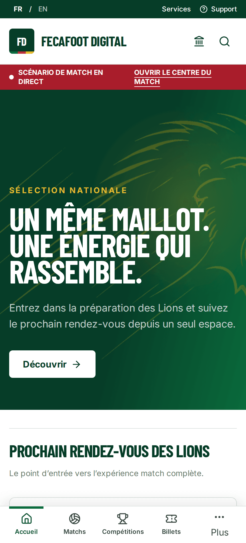 FECAFOOT Digital prototype interface: home screen, green identity and mobile navigation.